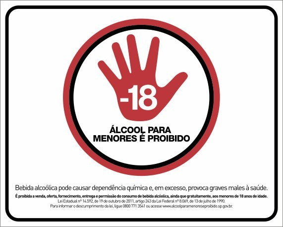 Placa lei antiálcool - álcool para menores é proibido